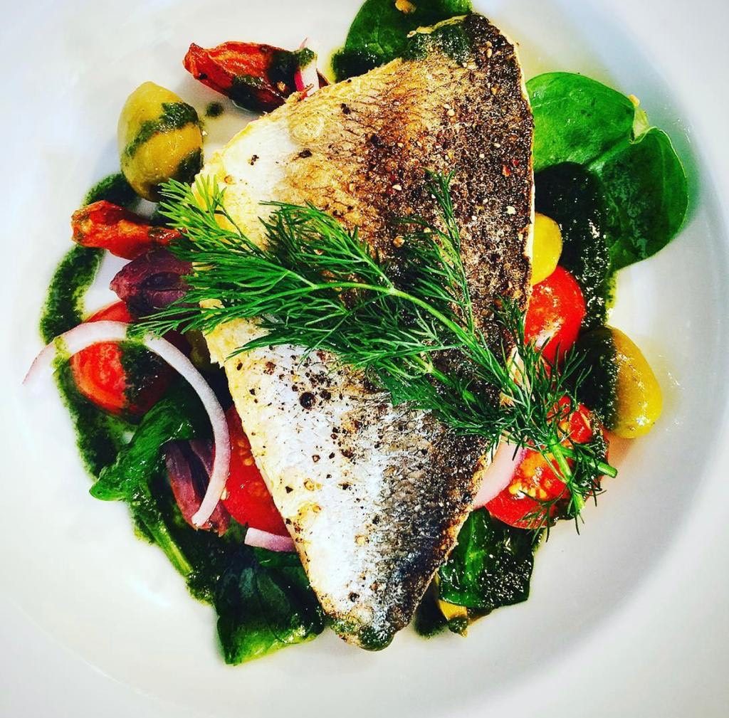 Linen Hill Pan Seared Sea Bream, Spinach Tomato & Olive Salad with
